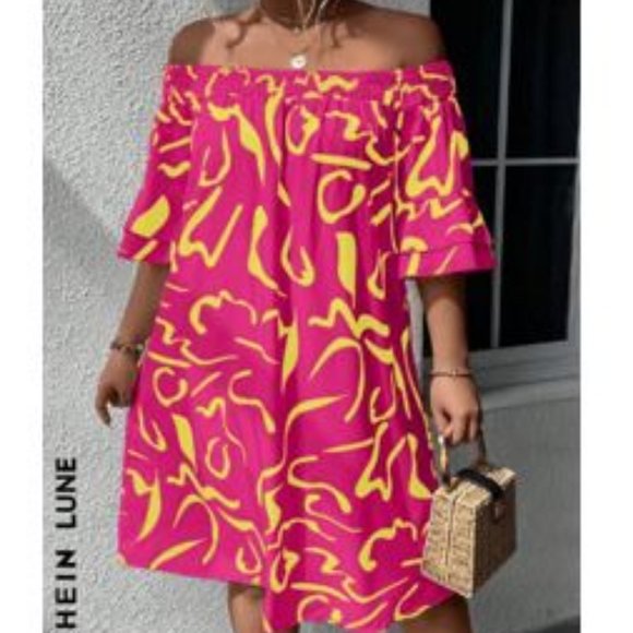Pink and Yellow Off-Shoulder Dress - Picture 1 of 6